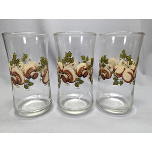 Libbey Franco Mushroom Leaves Drinking Glass Vintage 1970's Set of 3